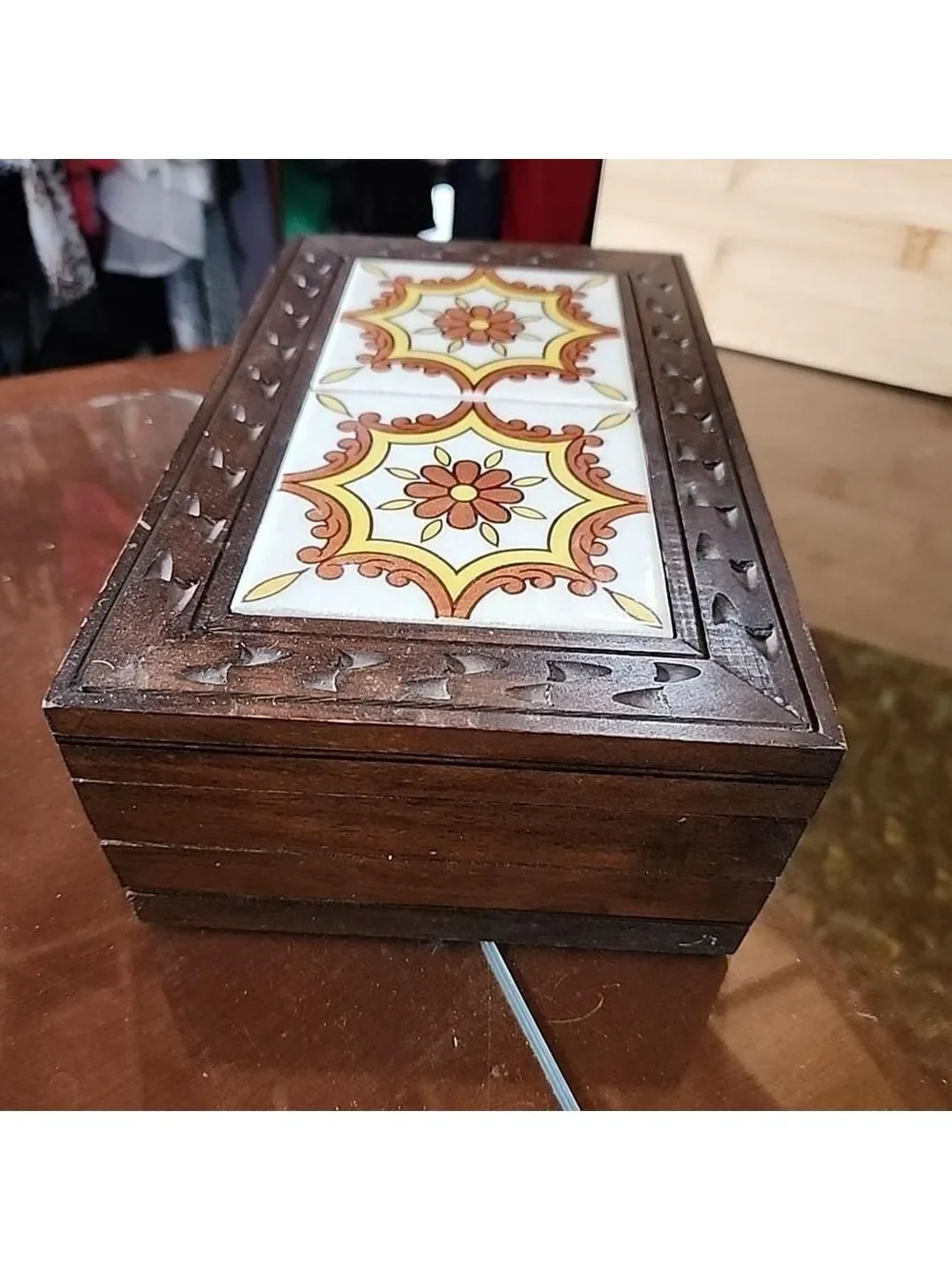Vintage Hand Carved Wood Jewelry Box Yellow Brown Mexican Tiles